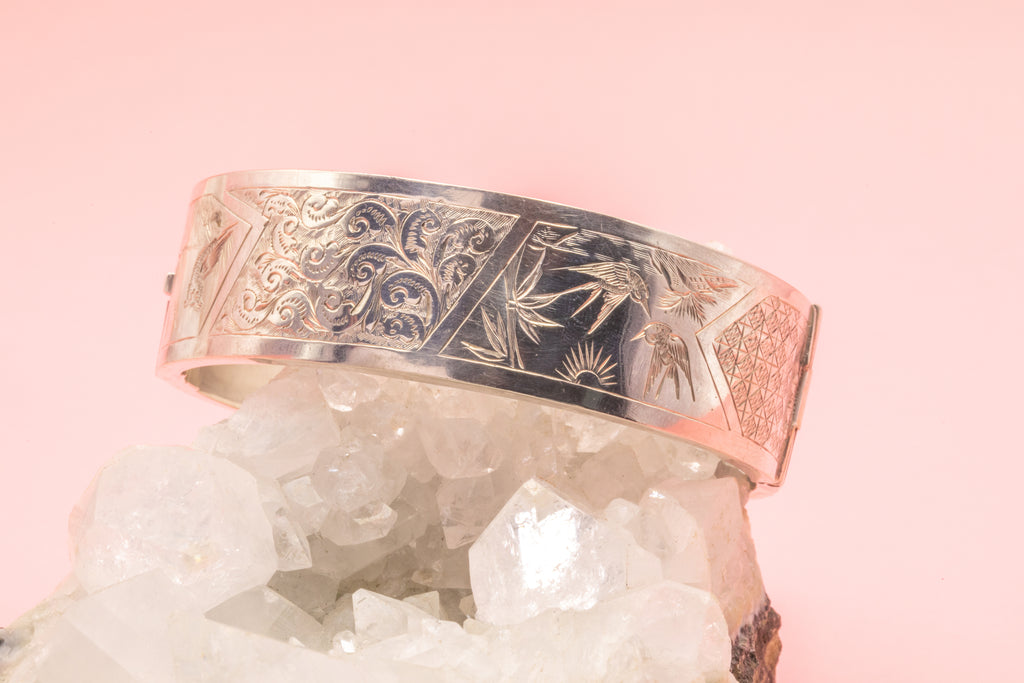 Victorian Aesthetic Silver Engraved Swallow Bangle, 7"