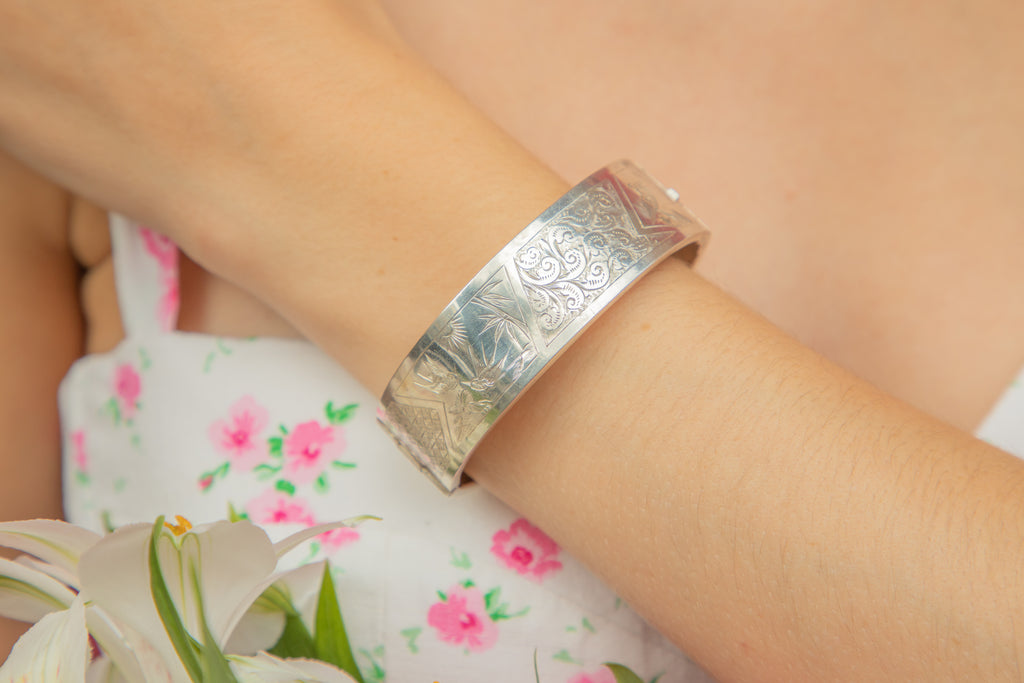 Victorian Aesthetic Silver Engraved Swallow Bangle, 7"