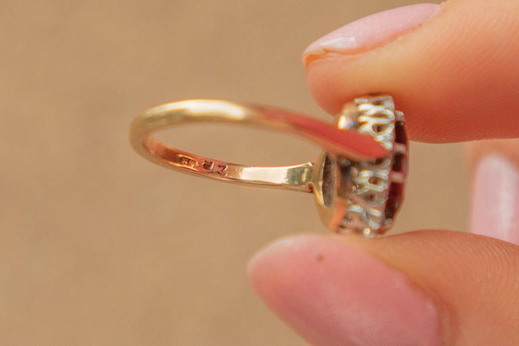 Antique 9ct Gold Garnet Diamond Cluster Ring, 0.85ct Garnet