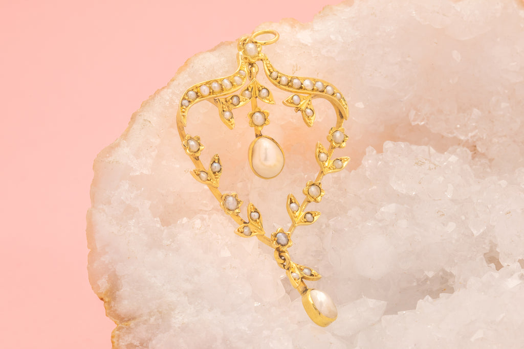 Art Nouveau 9ct Gold Pearl Drop Pendant