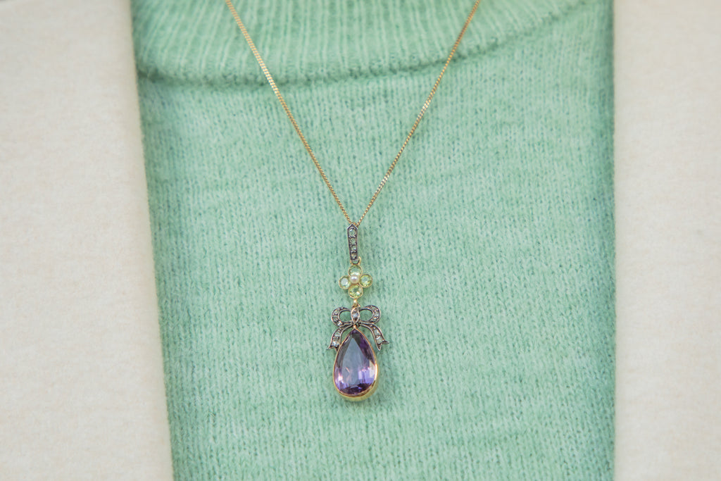 18ct Gold Amethyst Diamond Peridot Suffragette Drop Pendant, 4.20ct Amethyst