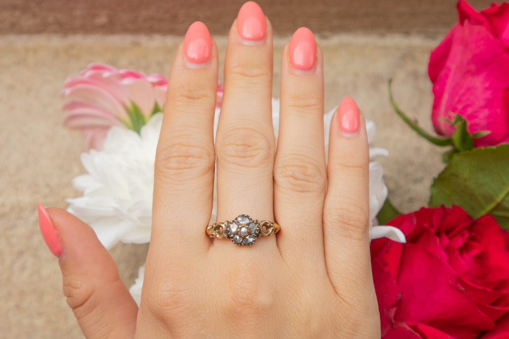 Georgian 14ct Gold Rose-Cut Diamond Pearl Pansy Ring