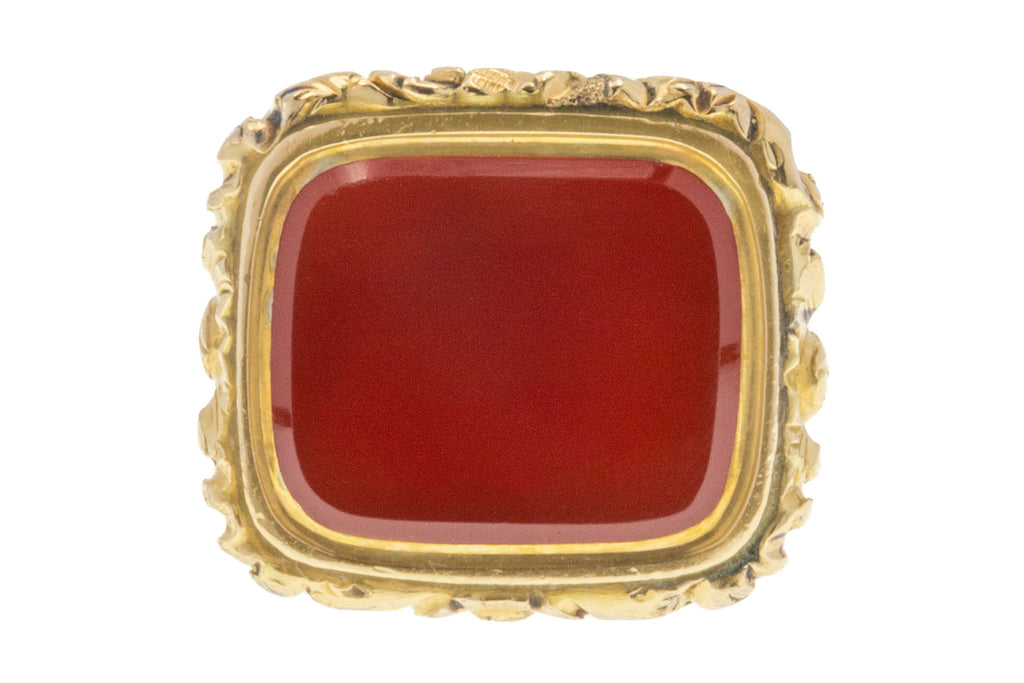 Georgian Gold Cased Carnelian Fob, Carved 9ct Gold Split Ring
