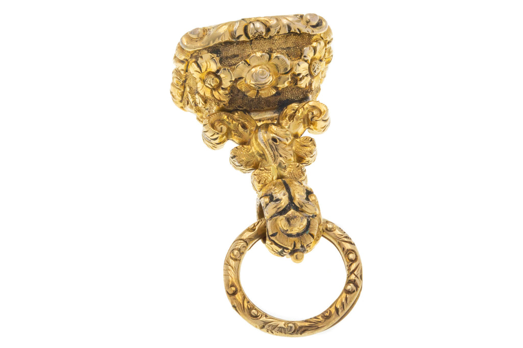 Georgian Gold Cased Carnelian Fob, Carved 9ct Gold Split Ring