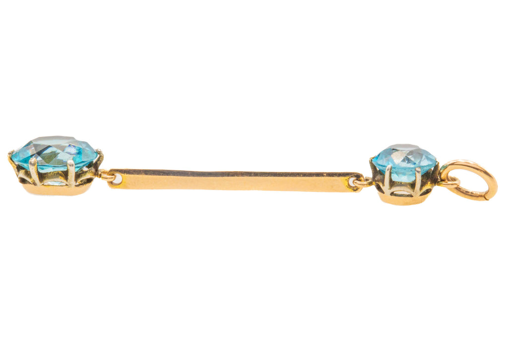 Art Deco 9ct Gold Blue Zircon Bar Drop Pendant, 4.50ct