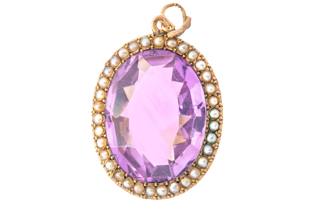 Antique 9ct Gold Amethyst Pearl Cluster Pendant, 20.50ct