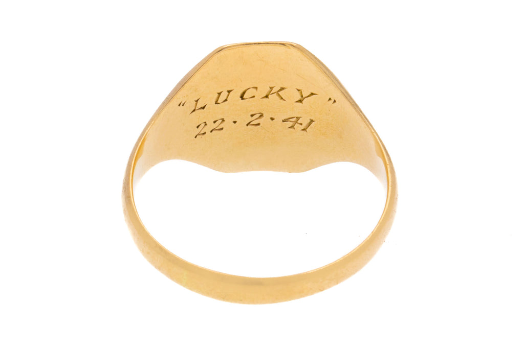 Antique 9ct Gold Rectangular Engraved Signet Ring, "Lucky"