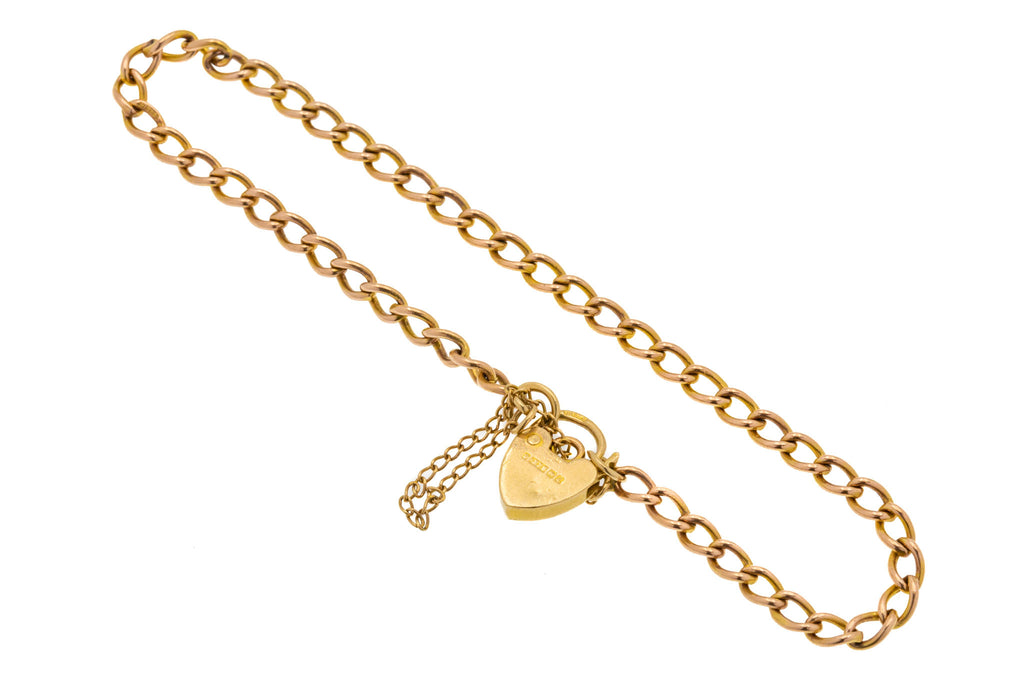 6" 9ct Gold Curb Bracelet with Heart Padlock, 4.3g