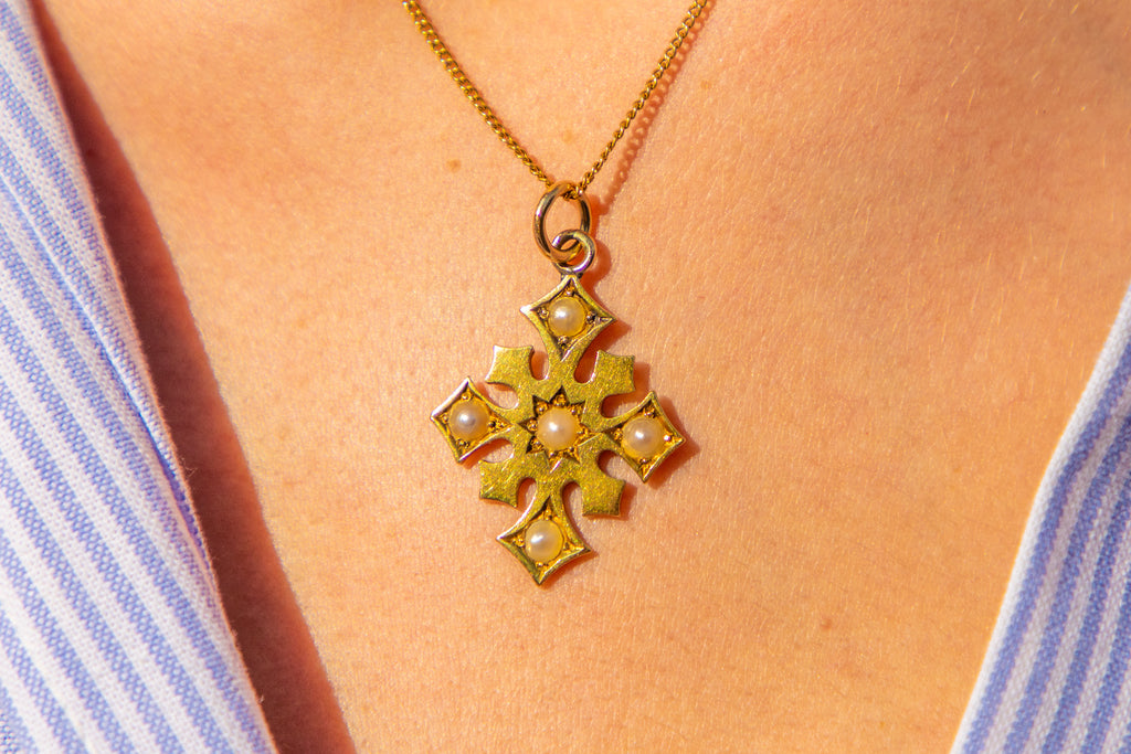 Antique 18ct Gold Pearl Cross Pendant
