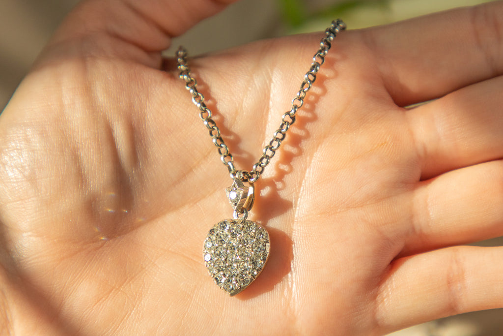 Edwardian Silver Diamond Paste Heart Pendant, with 17.5" Chain