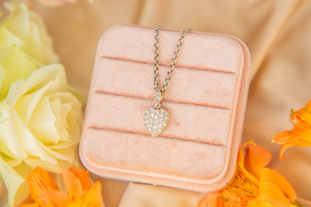 Edwardian Silver Diamond Paste Heart Pendant, with 17.5" Chain
