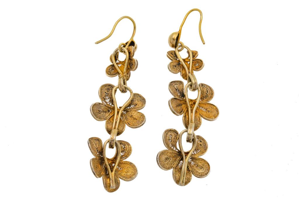 Victorian Silver Filigree Floral Drop Earrings, 9ct Gold Hooks