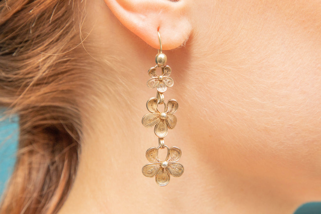 Victorian Silver Filigree Floral Drop Earrings, 9ct Gold Hooks