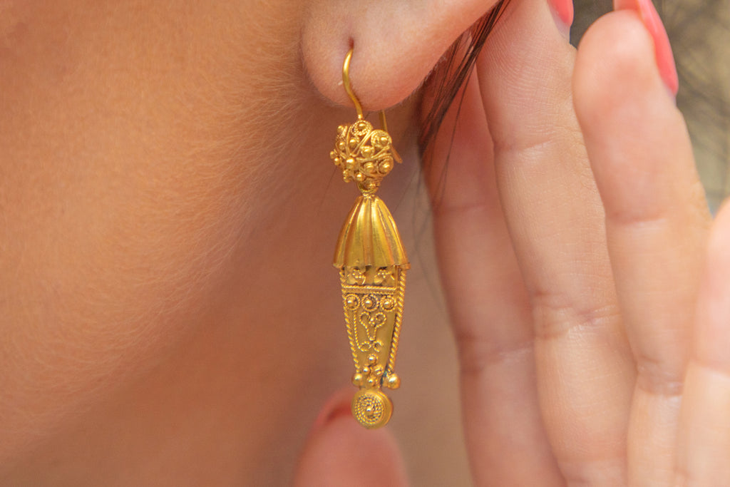 15ct Gold Archaeological Revival Cannetille Drop Earrings