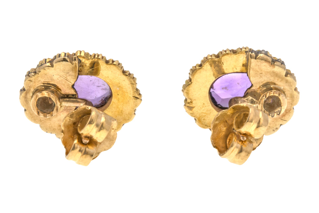 Egyptian 18ct Gold Amethyst Pearl Cluster Earrings, 2.25ct