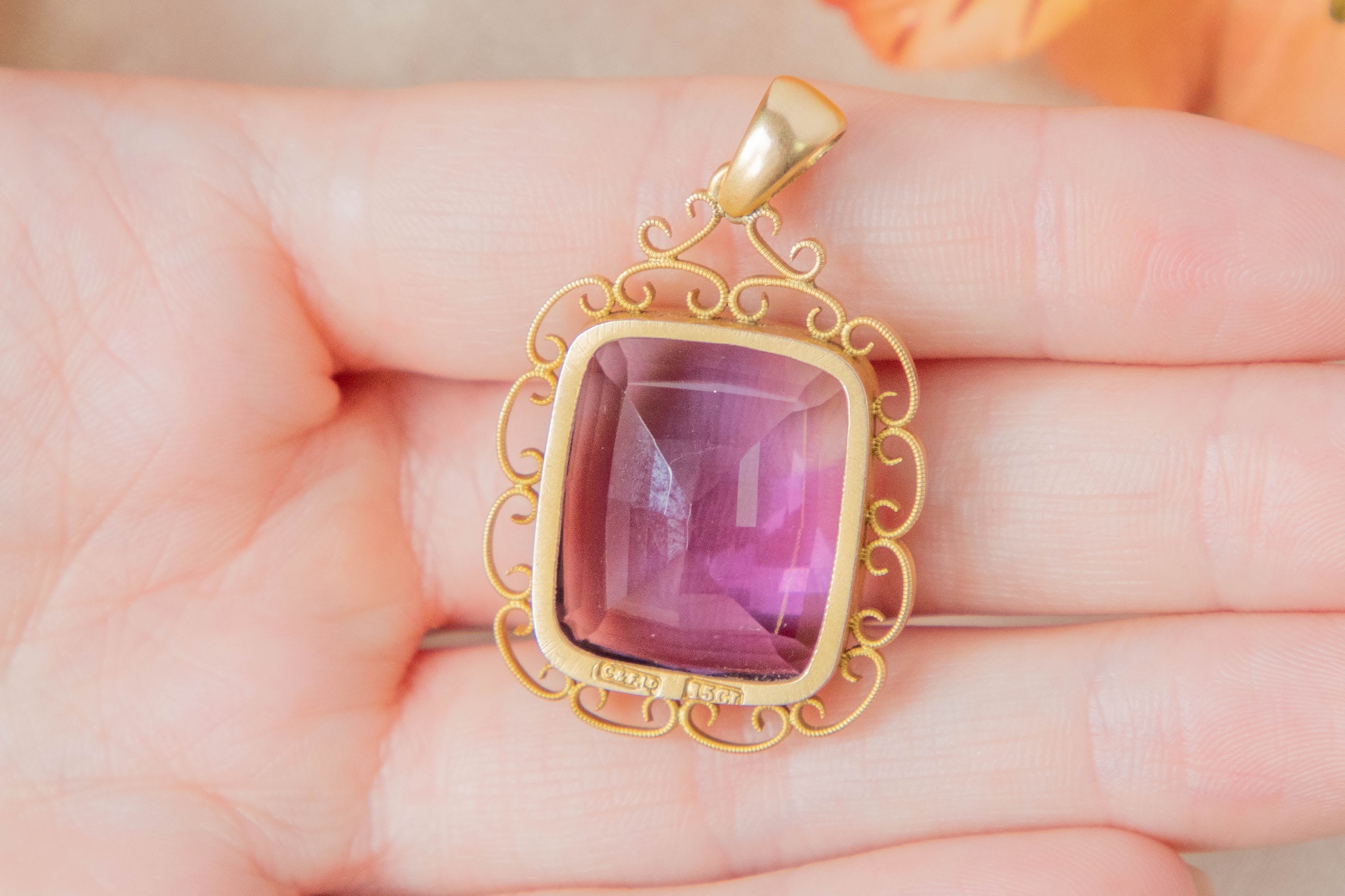 Antique 15ct Gold Rectangular Amethyst Pendant, 20.20ct – Lillicoco