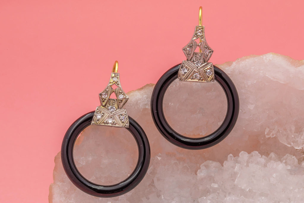 Art Deco 18ct Gold & Platinum Onyx Diamond Earrings