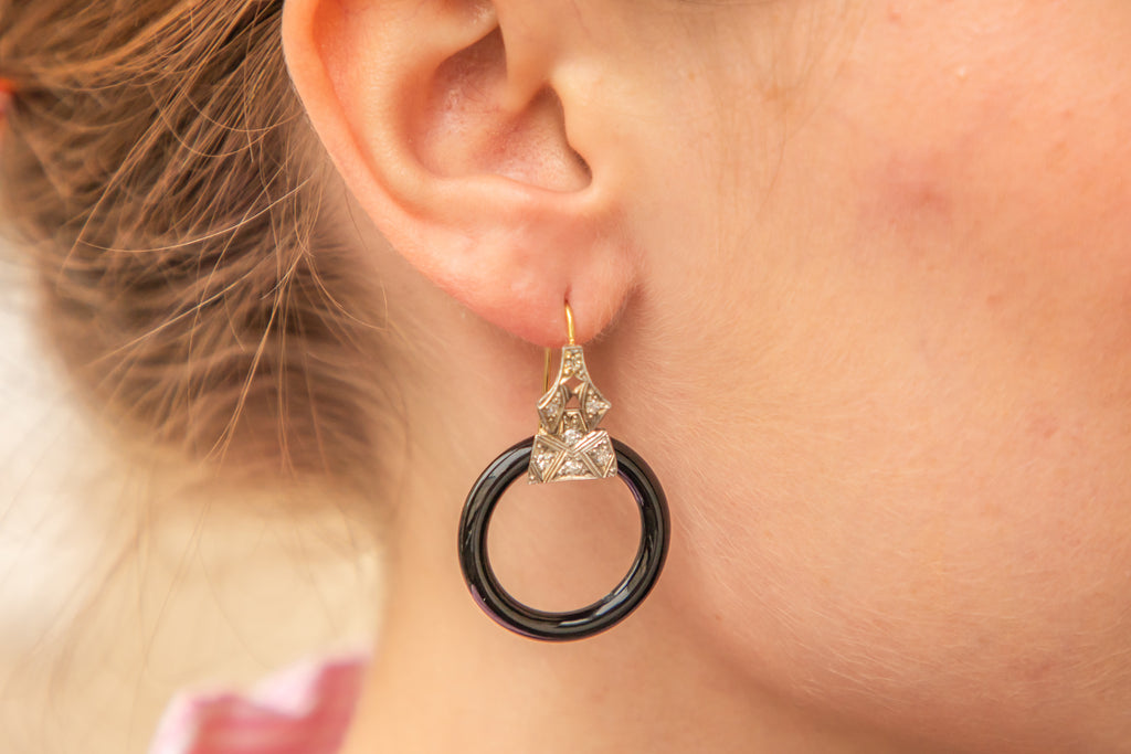 Art Deco 18ct Gold & Platinum Onyx Diamond Earrings