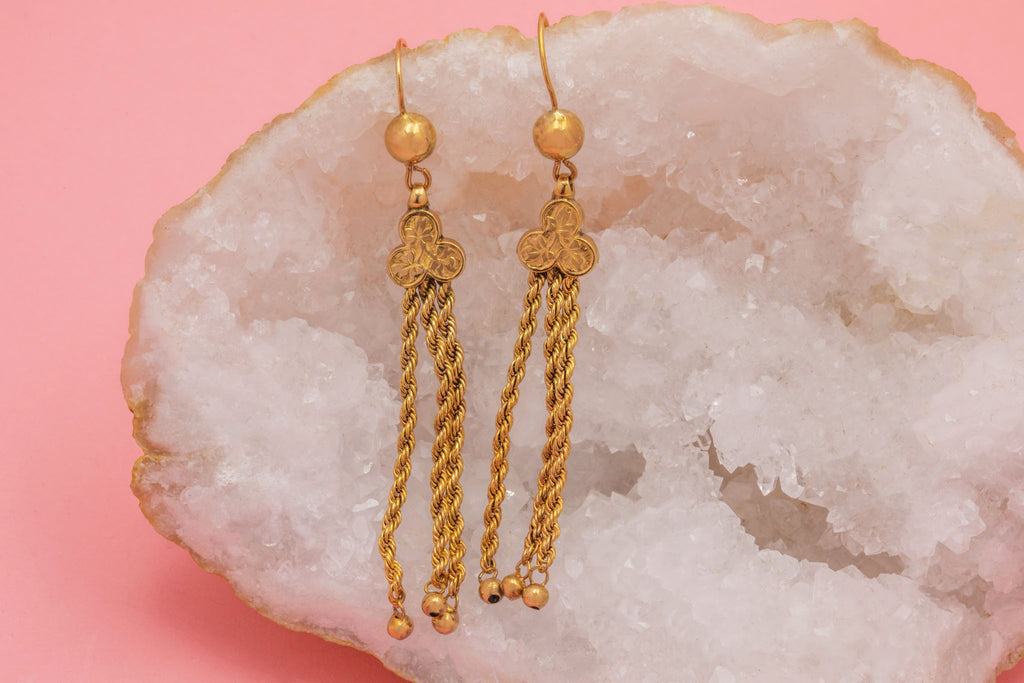 Antique 9ct Gold Engraved Tassel Drop Earrings