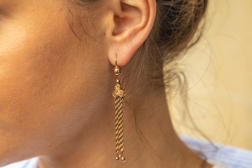 Antique 9ct Gold Engraved Tassel Drop Earrings