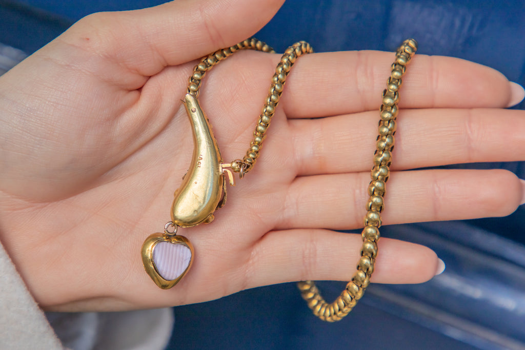14.5" 15ct Gold Garnet Snake Chain with Heart Locket Drop