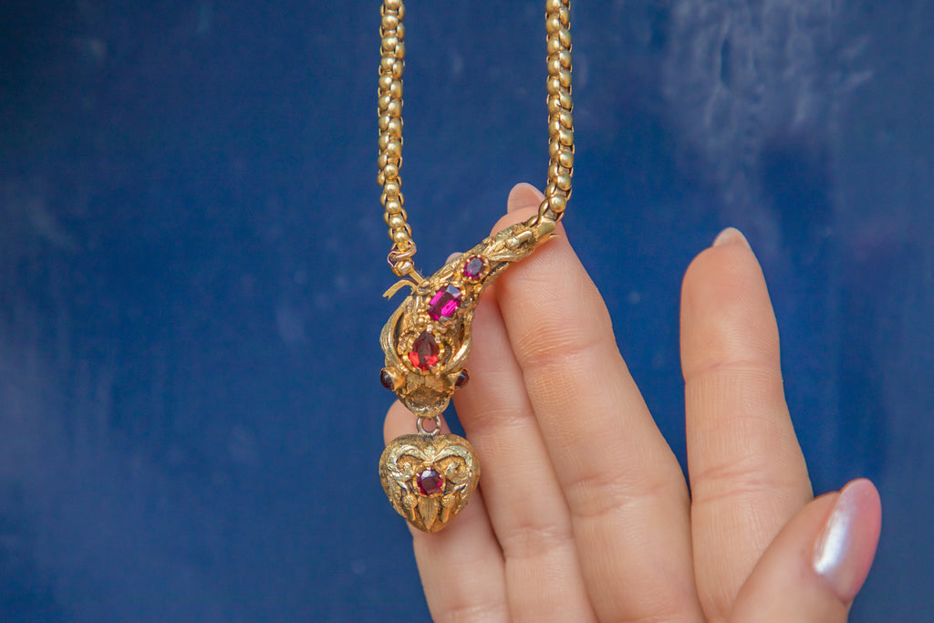 14.5" 15ct Gold Garnet Snake Chain with Heart Locket Drop
