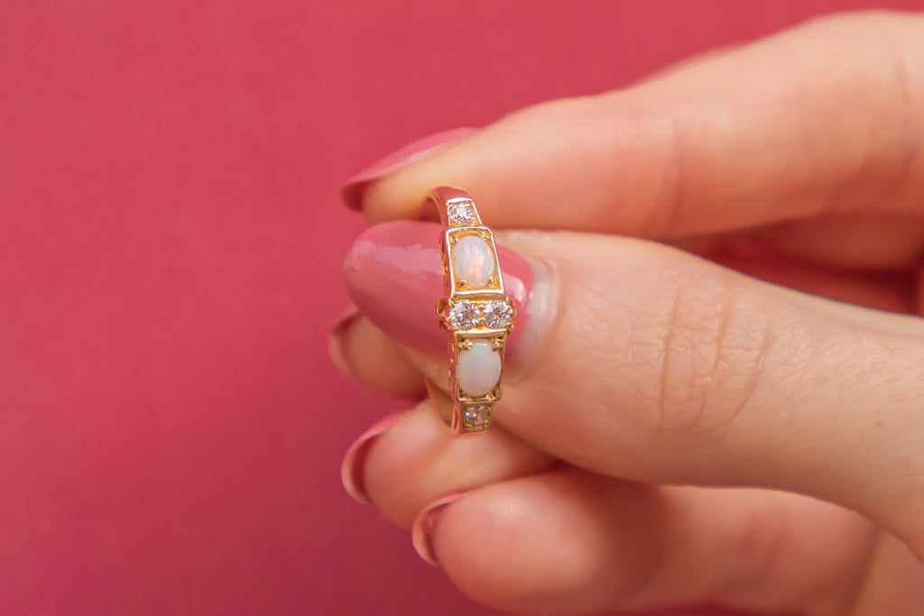 Art Deco 18ct Gold Opal Diamond Ring, 0.20ct Opal