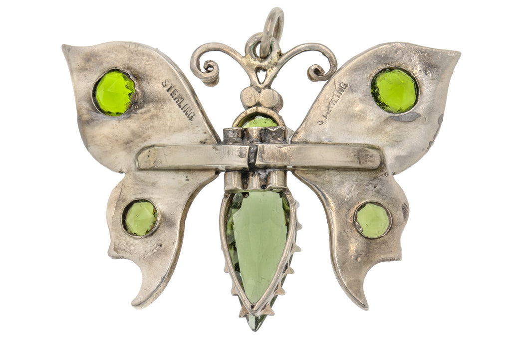 Art Deco Sterling Silver Green Paste Butterfly Pendant