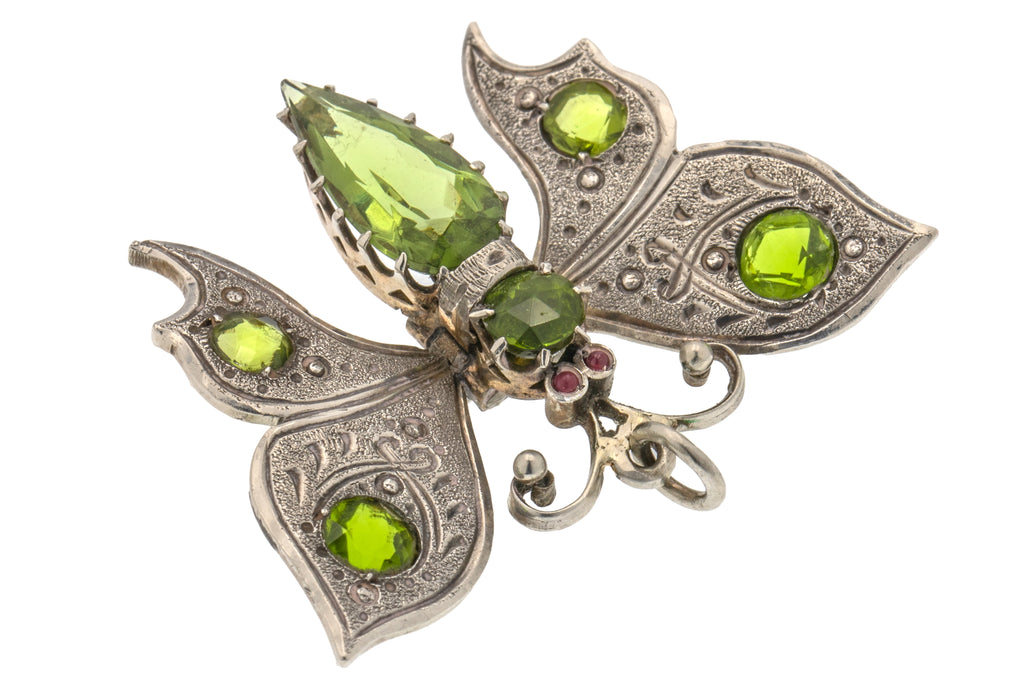 Art Deco Sterling Silver Green Paste Butterfly Pendant