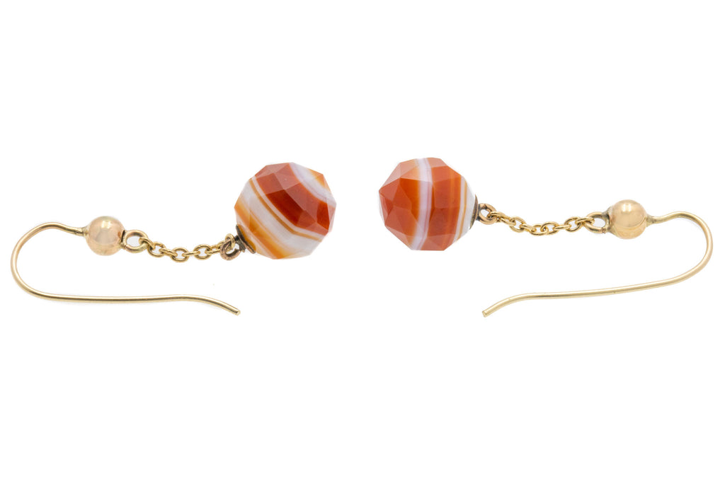 Antique 9ct Gold Faceted Banded Agate Earrings