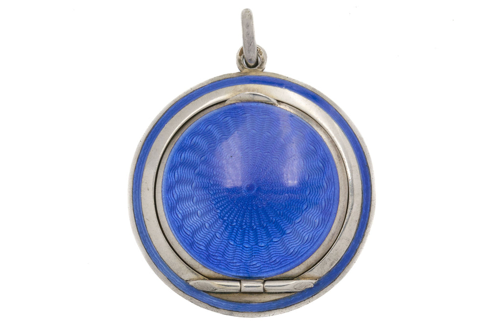 Silver Blue Guilloché Enamel Mirror Compact Pendant