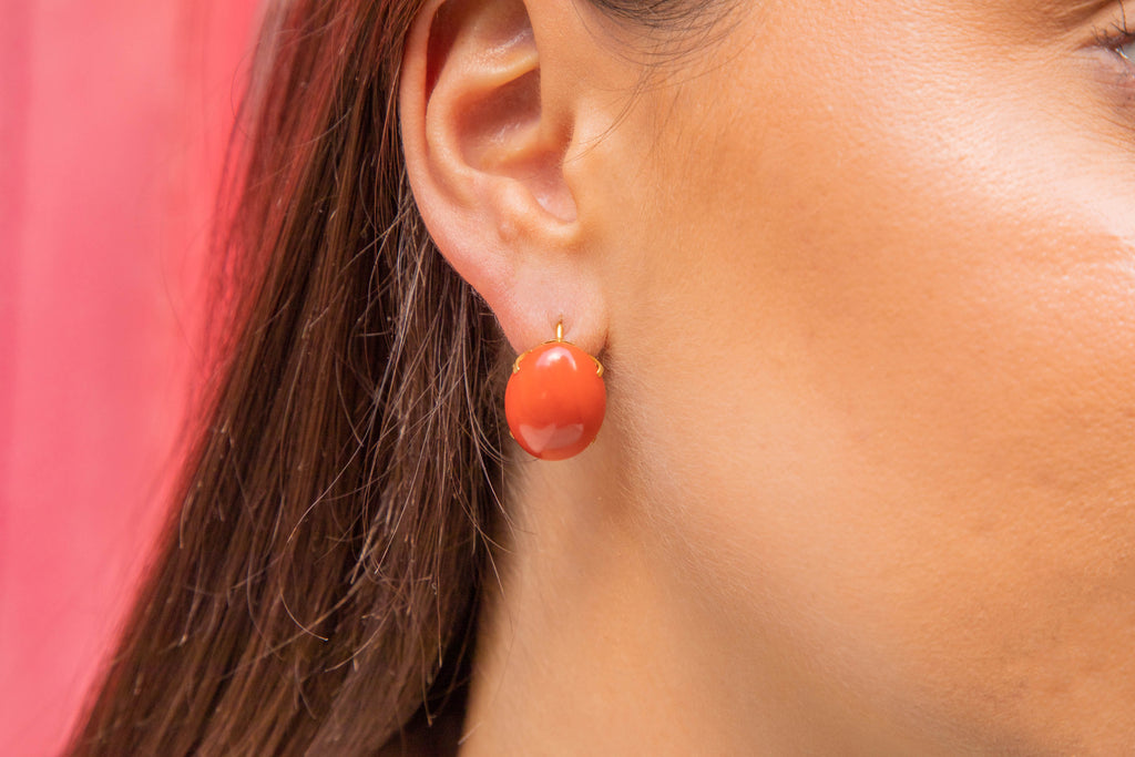 14ct Gold Coral Cabochon Earrings