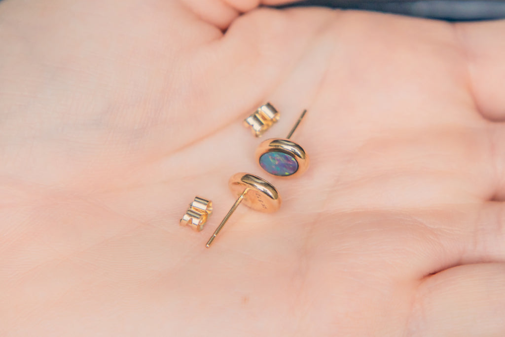 Rare 9ct Gold Black Opal Stud Earrings