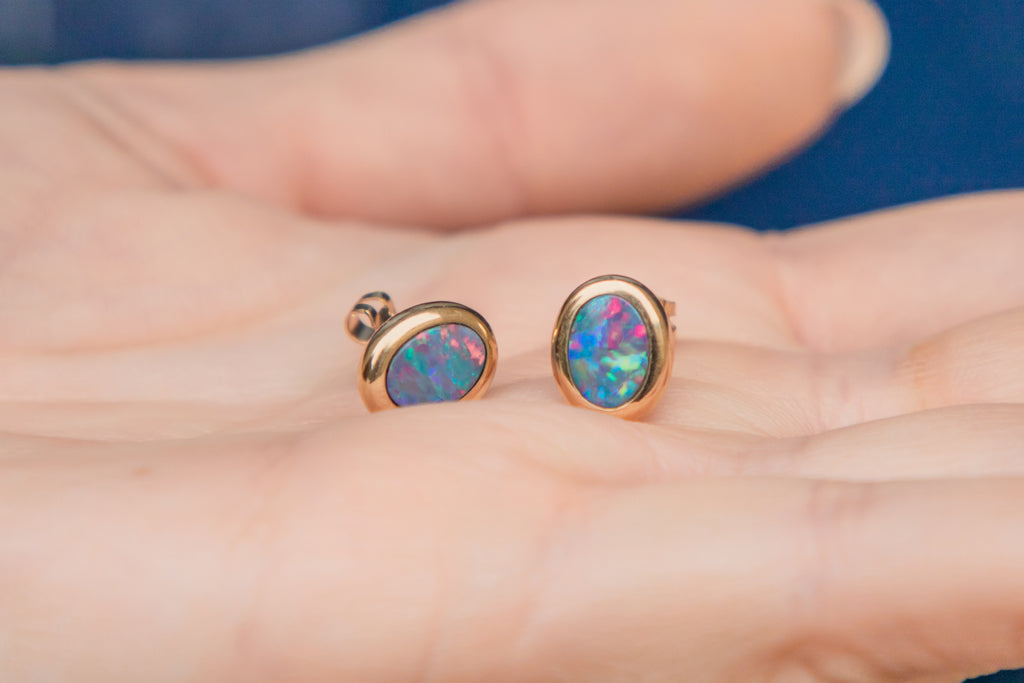 Rare 9ct Gold Black Opal Stud Earrings