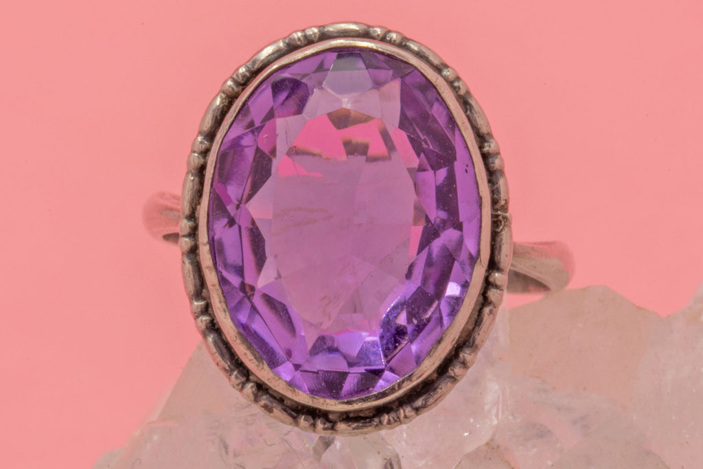 Antique Silver Oval Amethyst Cocktail Ring, 4.50ct