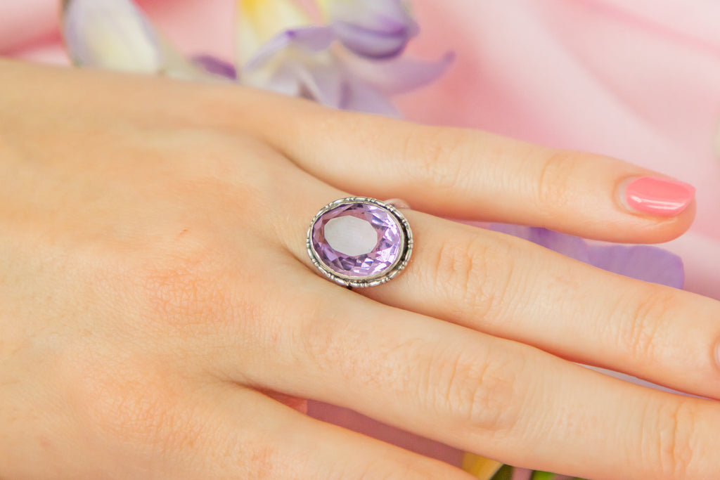 Antique Silver Oval Amethyst Cocktail Ring, 4.50ct