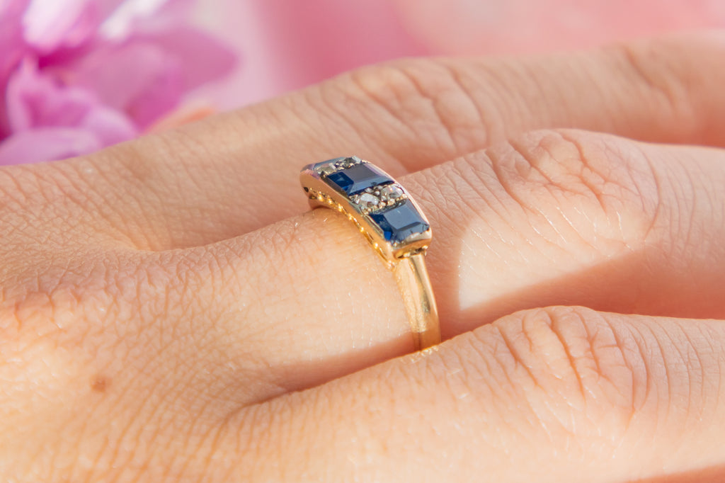 Art Deco 18ct Gold Sapphire Diamond Ring, 0.53ct Sapphire