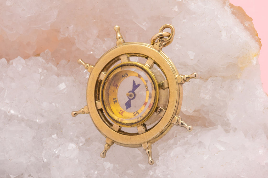 Antique Gilded Silver Ship's Wheel Compass Pendant