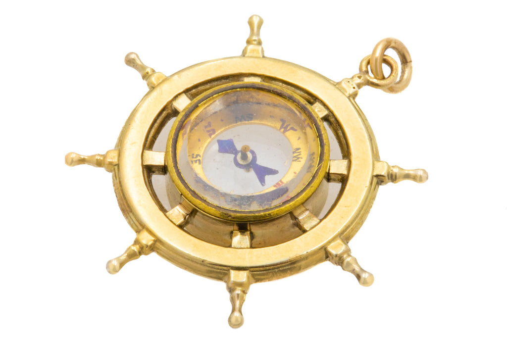 Antique Gilded Silver Ship's Wheel Compass Pendant