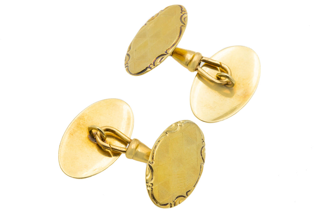 Art Deco 14ct Gold Engraved Oval Cufflinks, Dog Clip Connectors