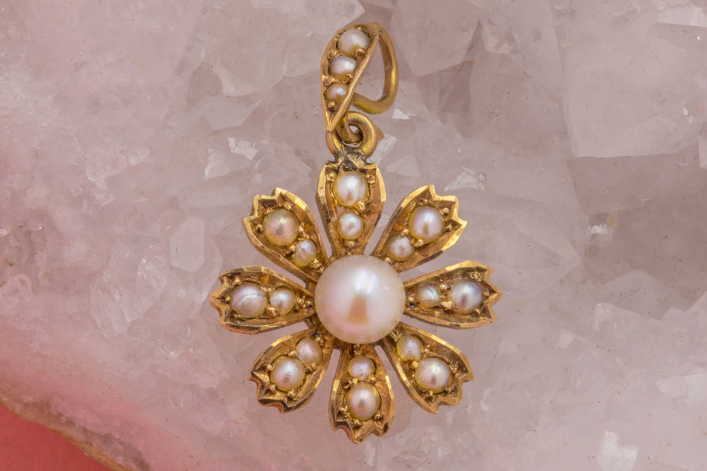 Antique 9ct Gold Pearl Flower Pendant