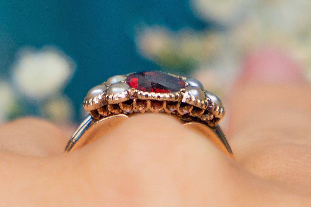 Antique 9ct Gold Garnet & Pearl Cluster Ring, 0.50ct
