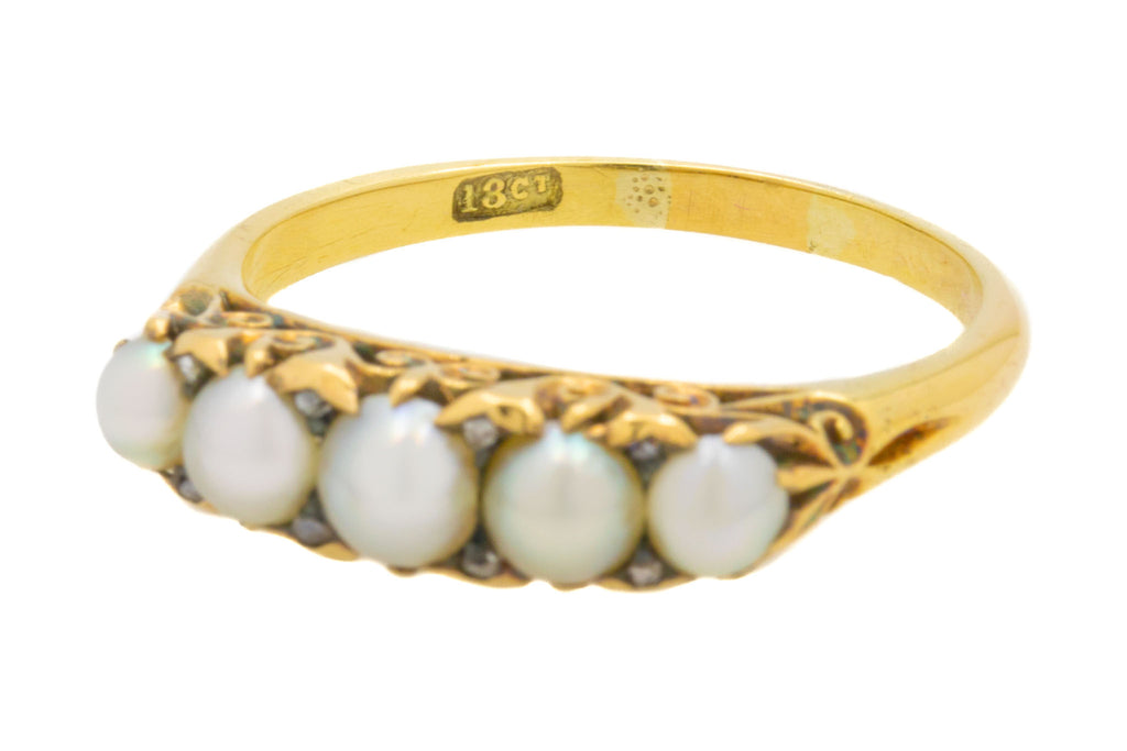Antique 18ct Gold Pearl Half Hoop Ring, with Diamond Spacers