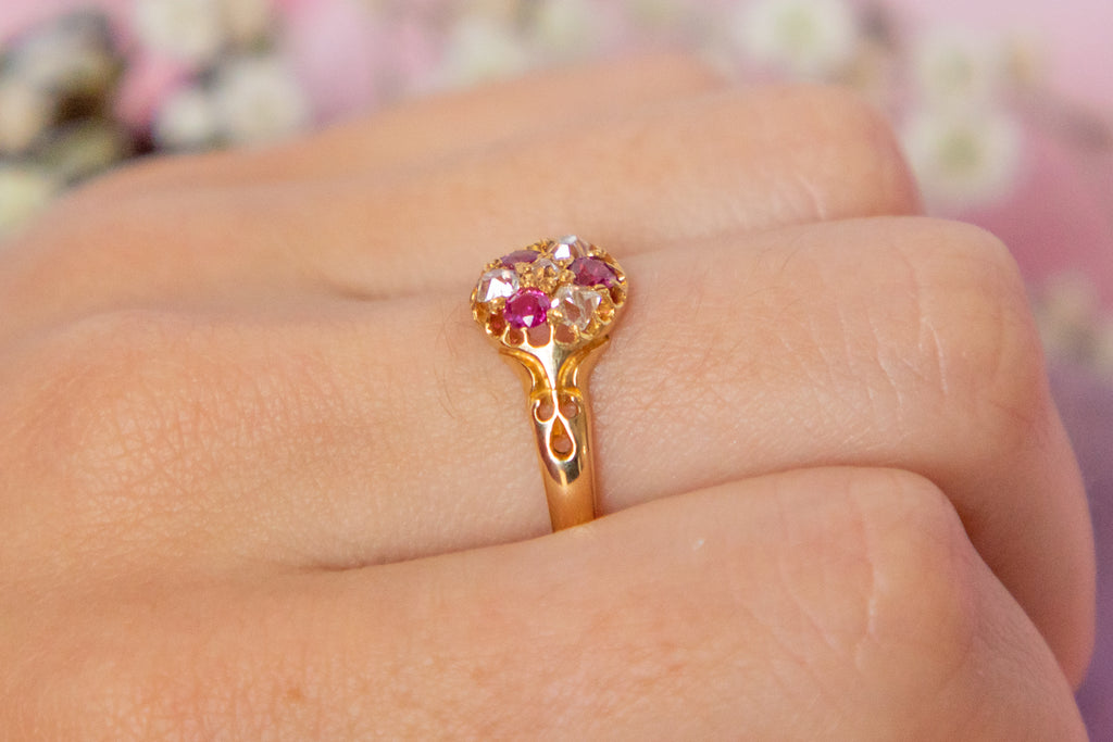 Victorian 18ct Gold Pink Sapphire Diamond Cluster Ring