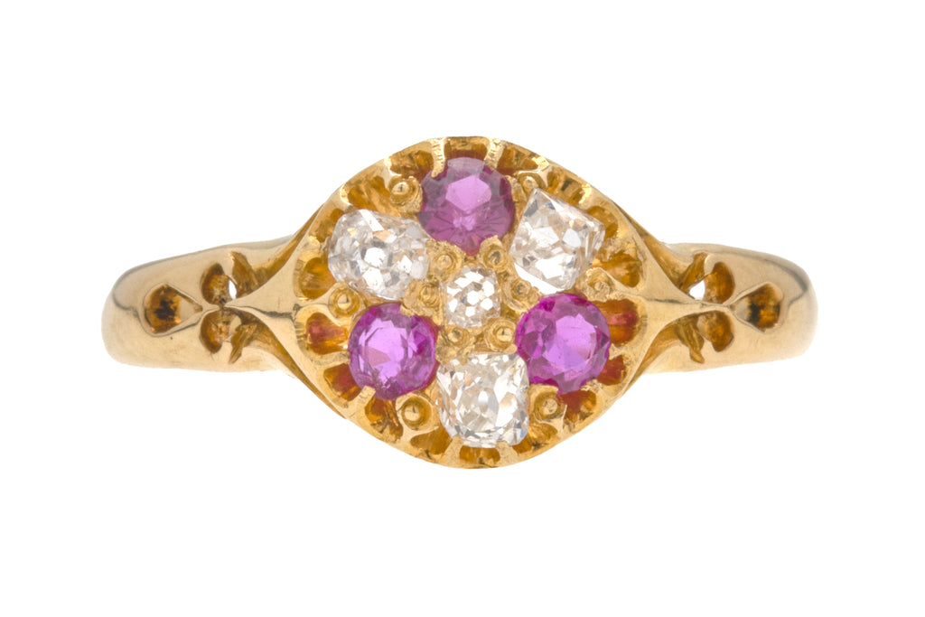 Victorian 18ct Gold Pink Sapphire Diamond Cluster Ring