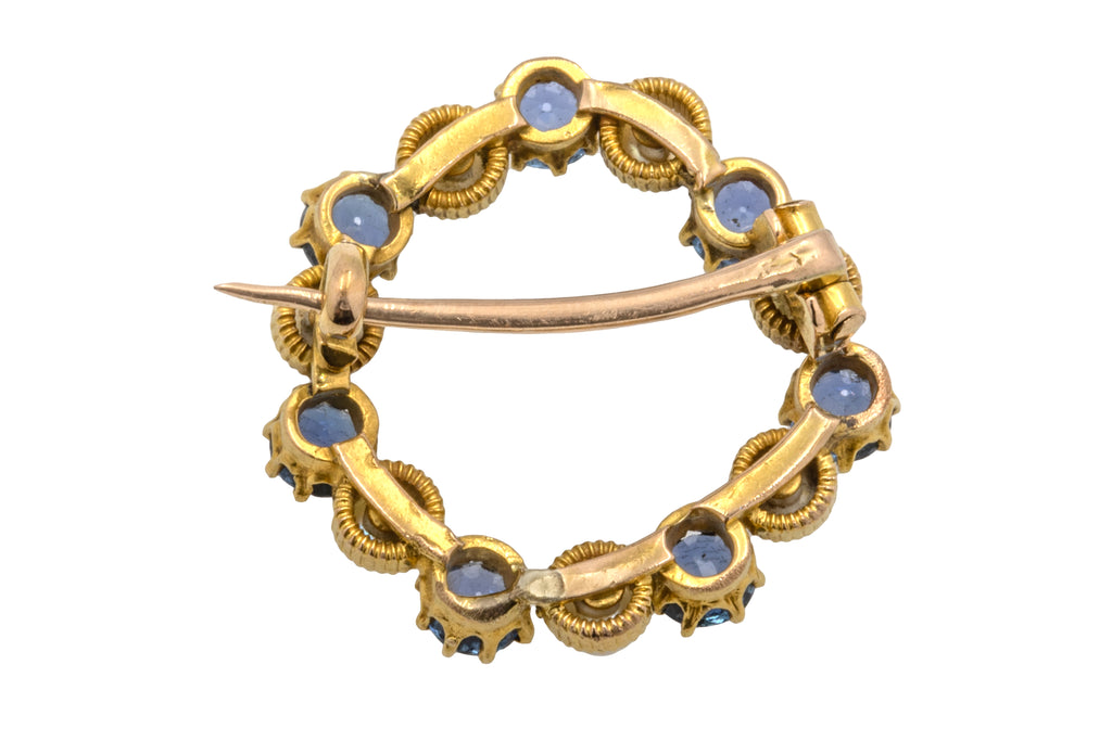 Edwardian 15ct Gold Natural Sapphire Pearl Roundel Brooch, 0.75ct Sapphire