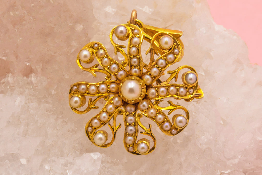 Antique 15ct Gold Pearl Flower Pendant Brooch