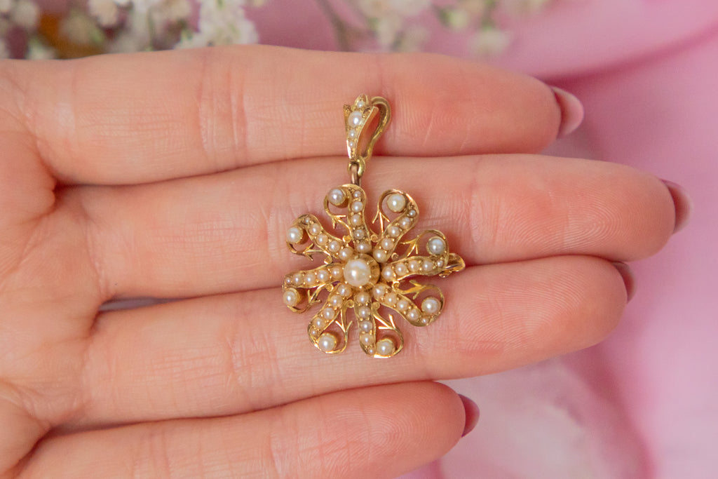 Antique 15ct Gold Pearl Flower Pendant Brooch