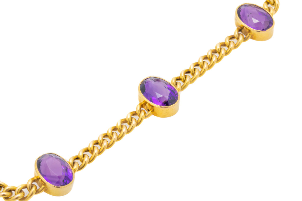 7" Antique 15ct Gold Curb Link Amethyst Bracelet, 8.00ct