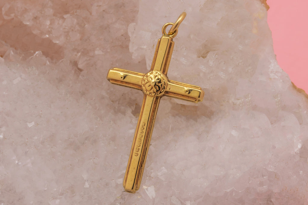 9ct Gold Cross Pendant, Forget-Me-Not Centre
